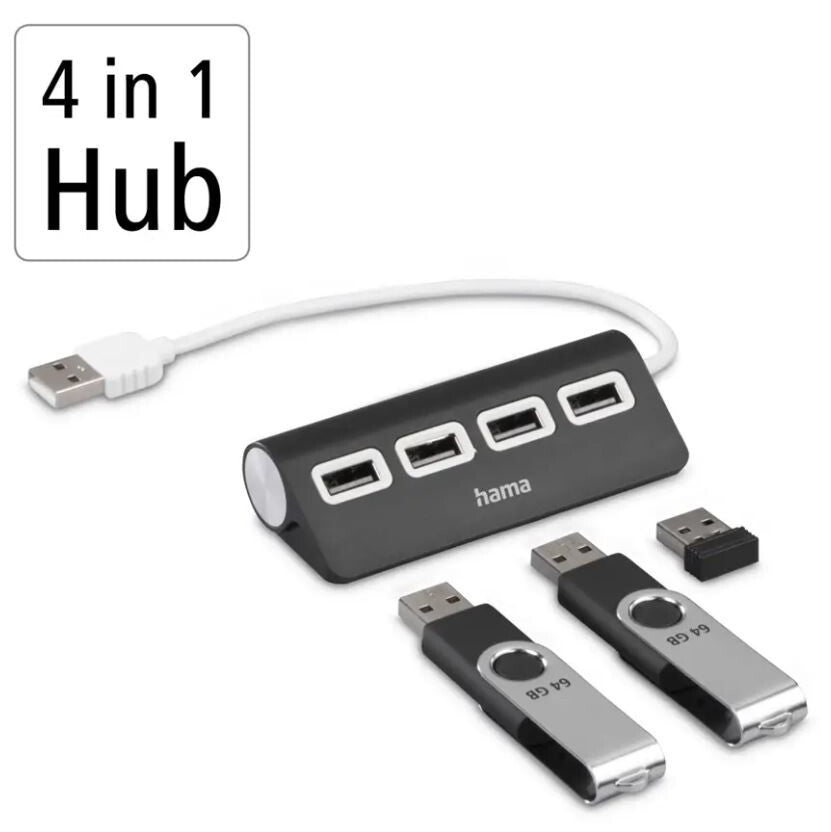 Hama USB hub, 4 porty, USB 2.0, čierny