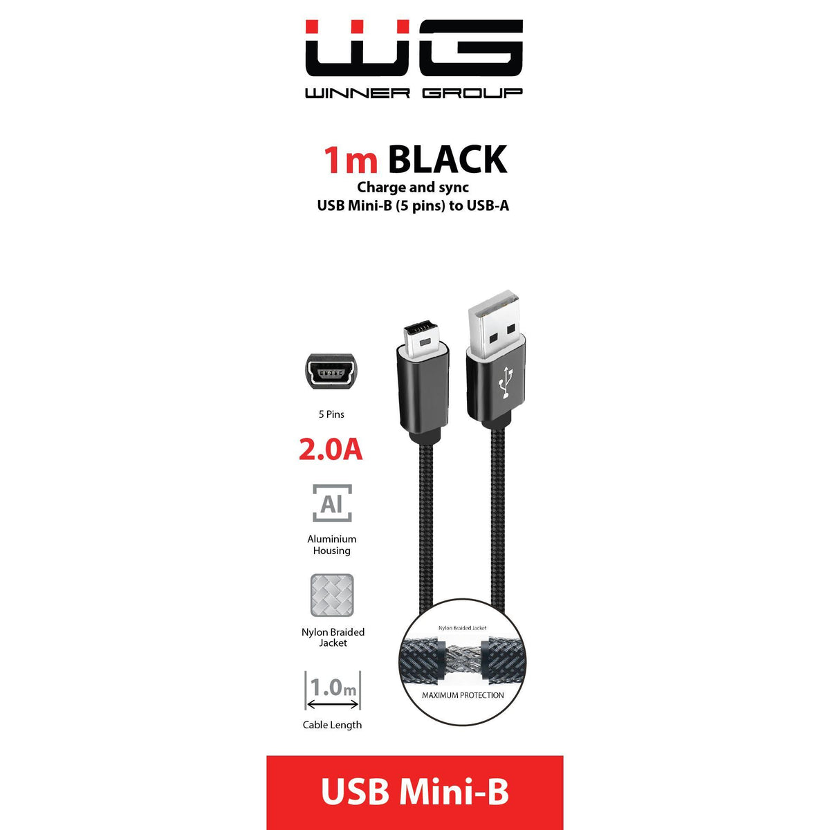 Kábel WG USB Mini na USB, 1m, čierna