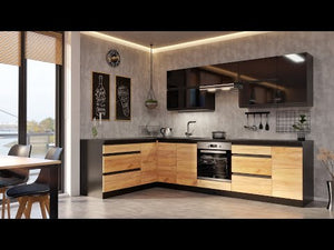 Rohová kuchyňa Brick pravý roh 300x182 cm (čierna lesklá/craft)