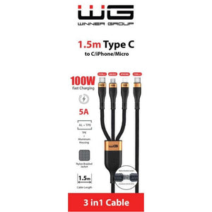 3v1 Kábel WG Typ C/Lightning/Micro na Typ C, 1,5m,až 100W,čierna