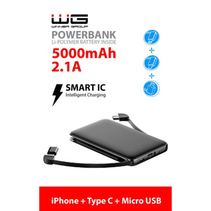 3v1 PowerBank WG 5000mAh MicroUSB+USB Typ C+ Lightning, čierna