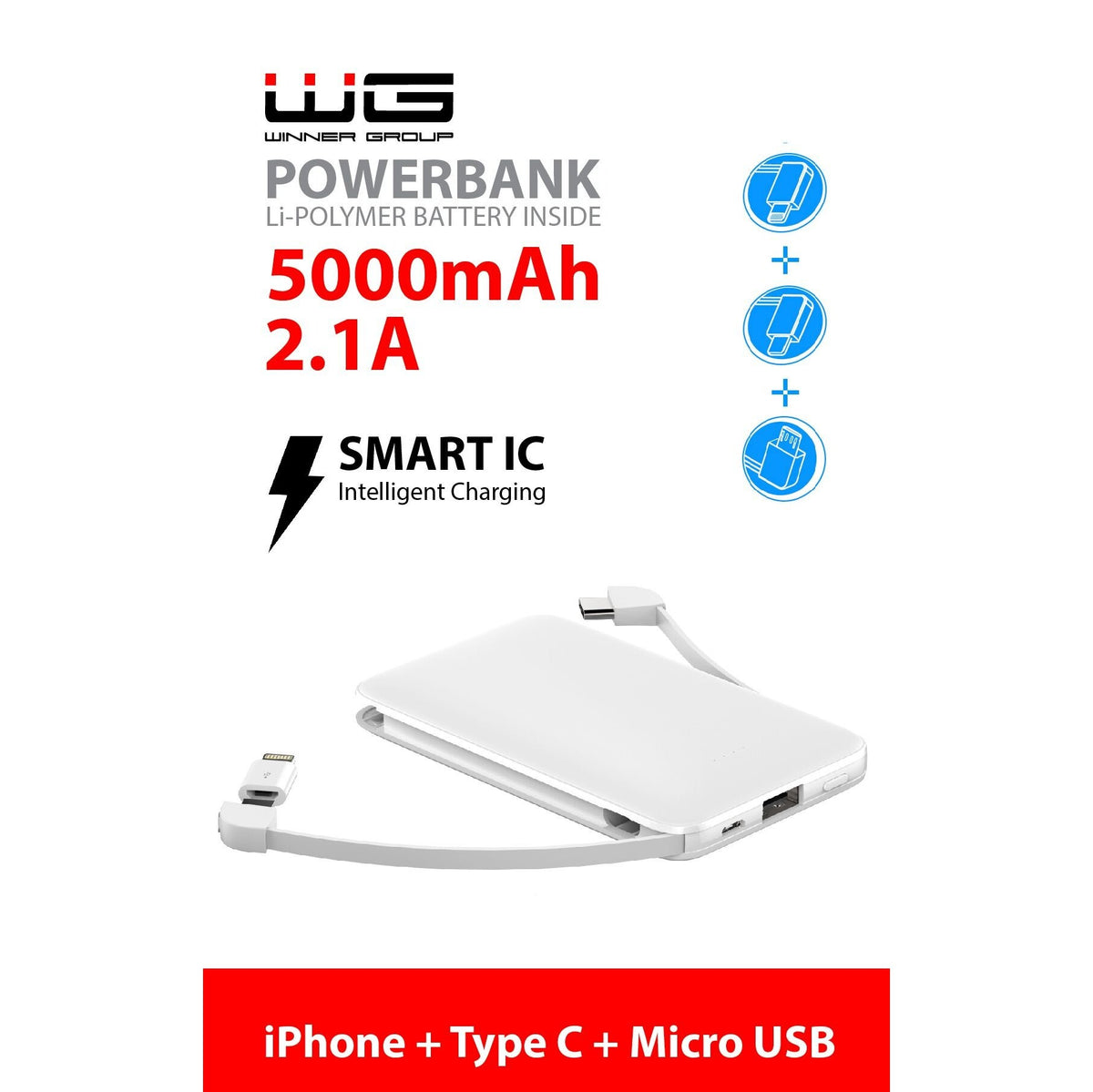 3v1 PowerbankWG 5000mAh MicroUSB + USB Typ C + Lightning,biela