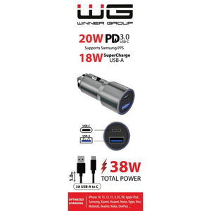 Autonabíjačka WG 2xUSB 38W, USB + USB-C + kábel Typ C, sivá
