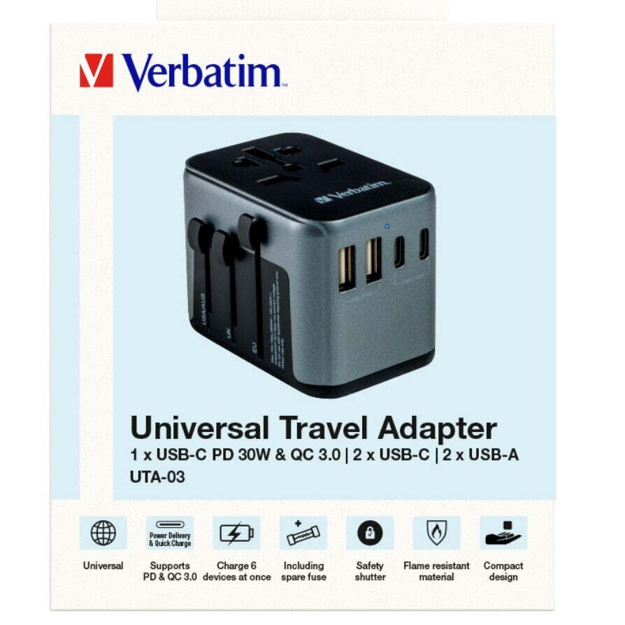 Cestovný adaptér VERBATIM UTA-03 2x USB-C, USB-A