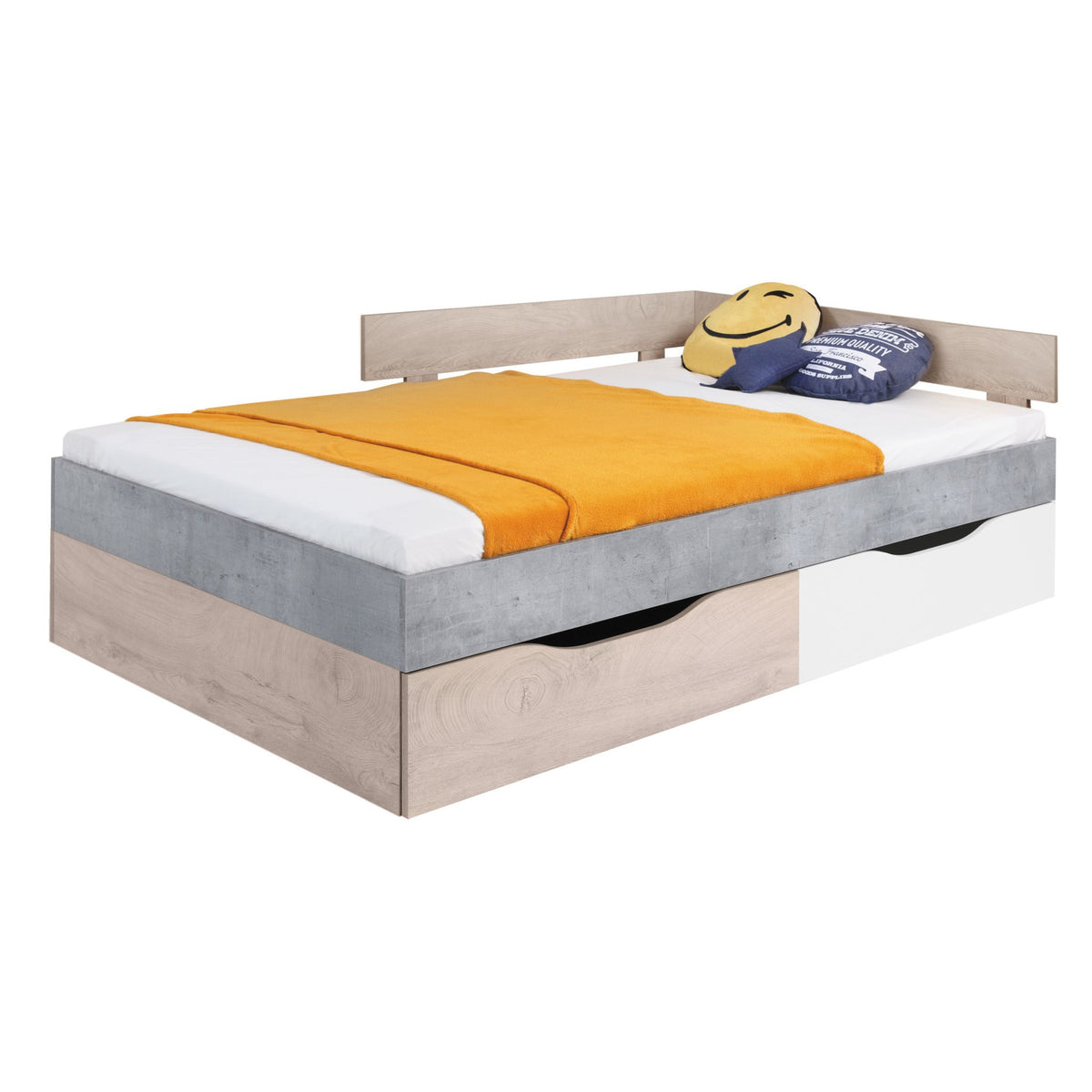 Drevená posteľ Amasi 120x200, bez matrace, betón, biela, dub