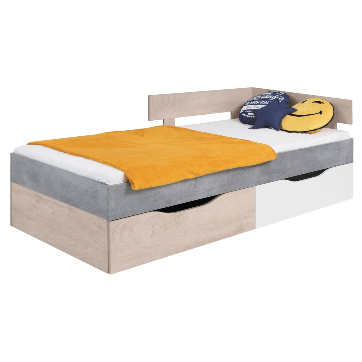 Drevená posteľ Amasi 90x200, bez matrace, betón, biela, dub