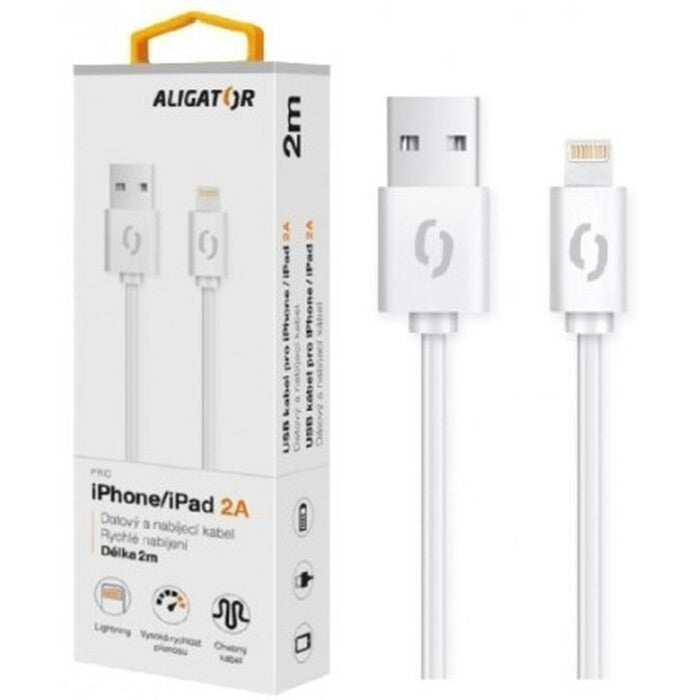 Kábel Aligator Lightning na USB, 2A, 2m, biela