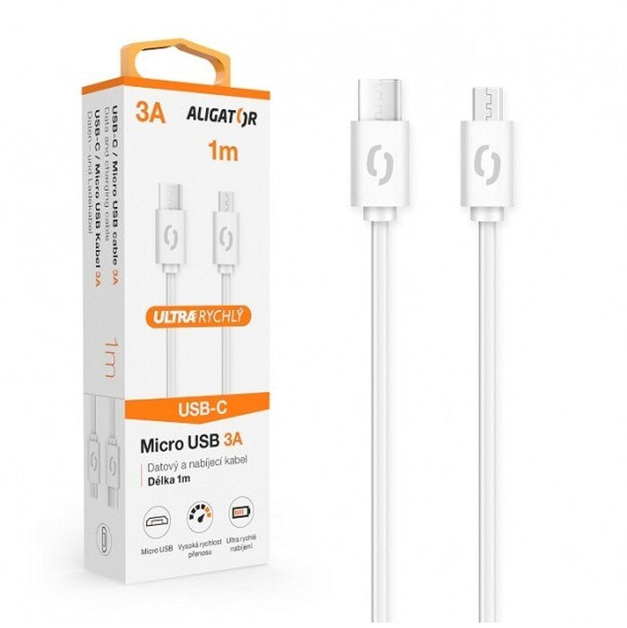 Kábel Aligator Power 3A, USB-C na Micro USB, biely