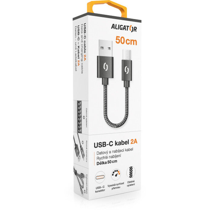 Kábel Aligator Premium 2A, Typ C na USB, 50cm, čierna
