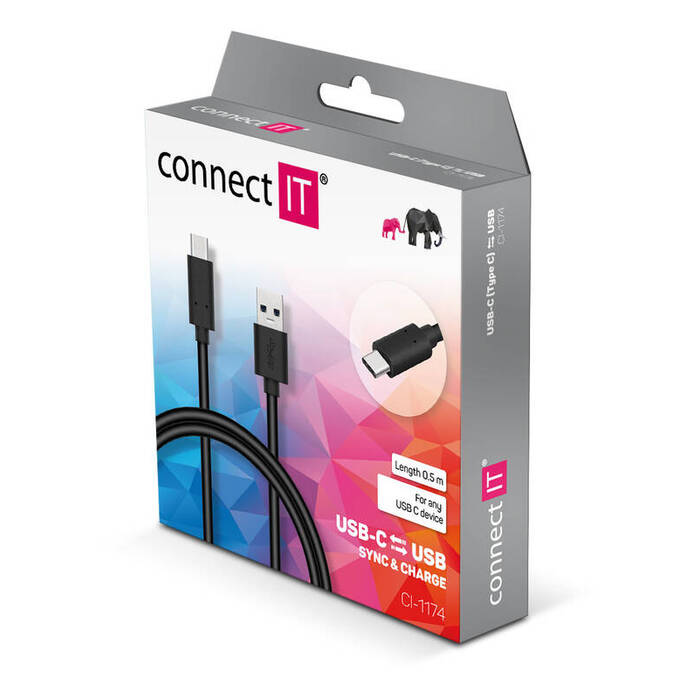 Kábel Connect IT USB Typ C na USB, 3A, 0,5m, čierna
