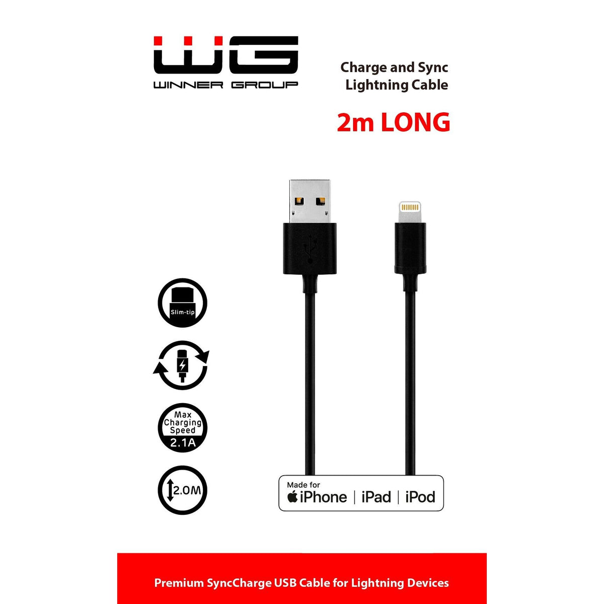 Kábel WG Lightning s MFI na USB, 2m, čierna