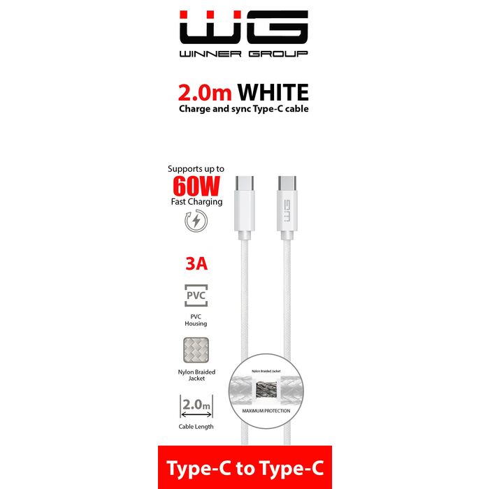 Kábel WG Typ C na Typ C, 2m, 3A, biela