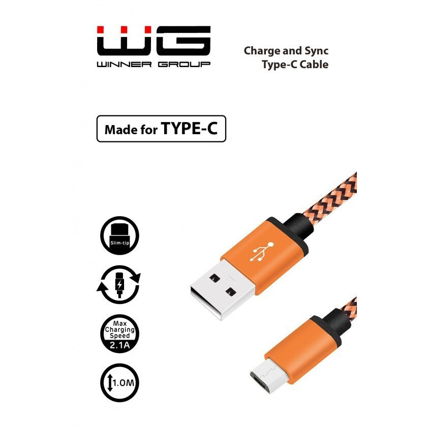 Kábel WG Typ C na USB, 1m, opletený, oranžová