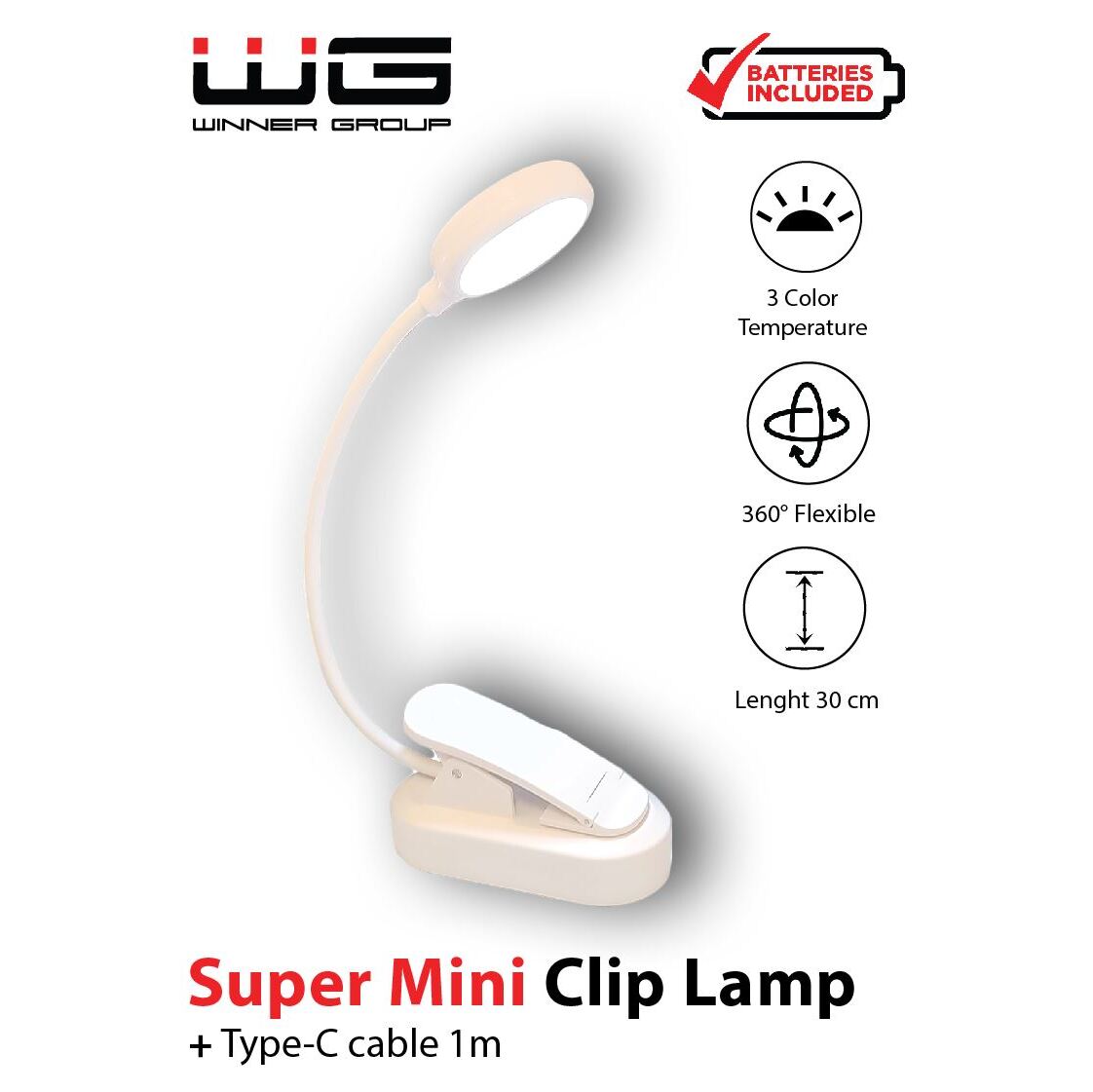 LED lampička WG Nočný čitateľ s klipom, nabíjací, biela