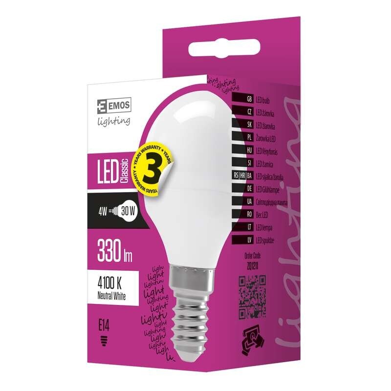 LED žiarovka Emos ZQ1211, E14, 4W, mini, číra, neutrálna biela