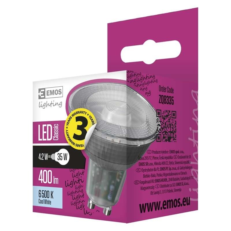LED žiarovka Emos ZQ8335, GU10, 4,2W, číra, studená biela
