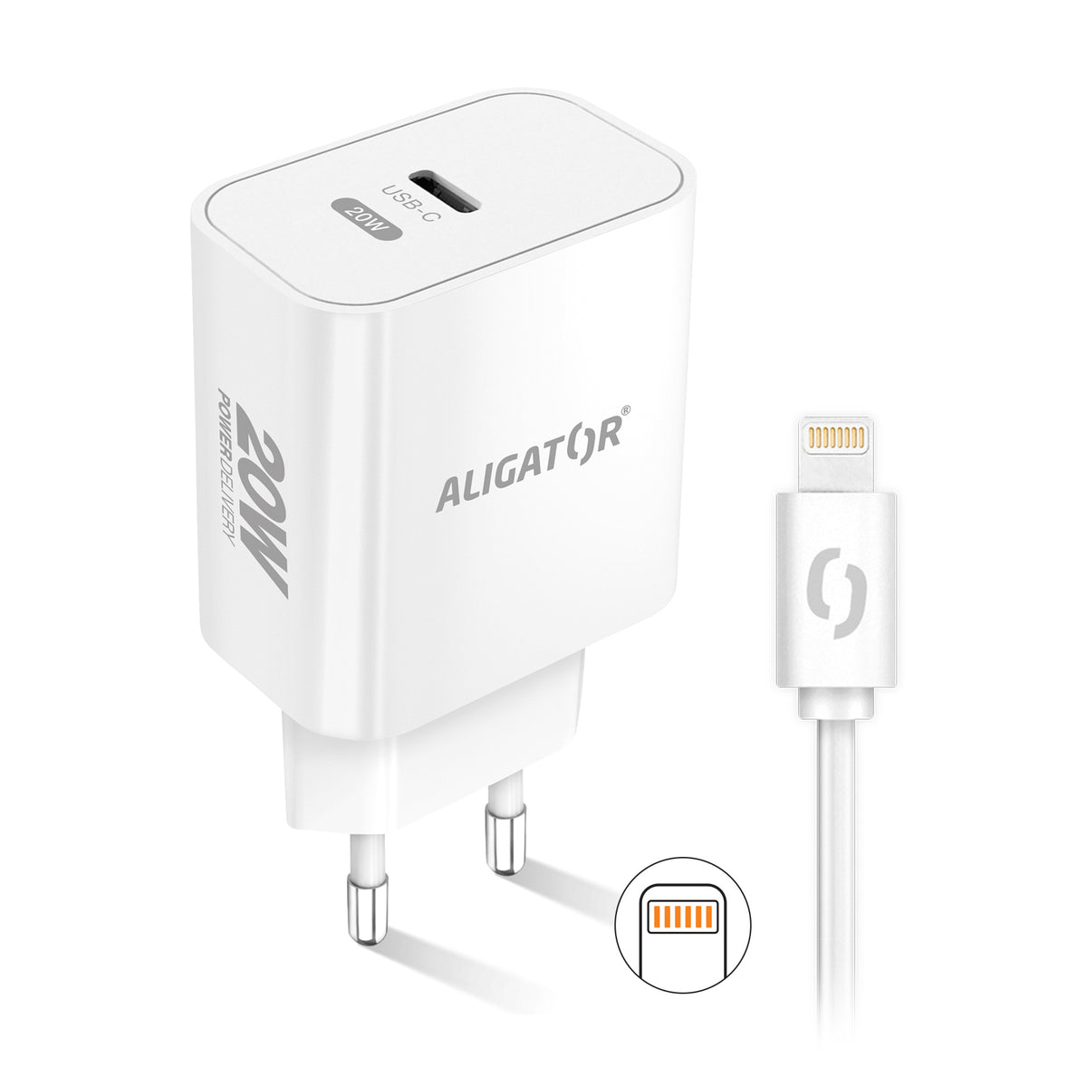 Nabíjačka a USB-C/Lightning kábel Aligator, USB-C, 20W, biela