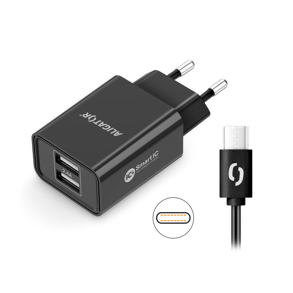 Nabíjačka Aligator 2,4A, 2xUSB, smart IC, čierna + kábel USB-C