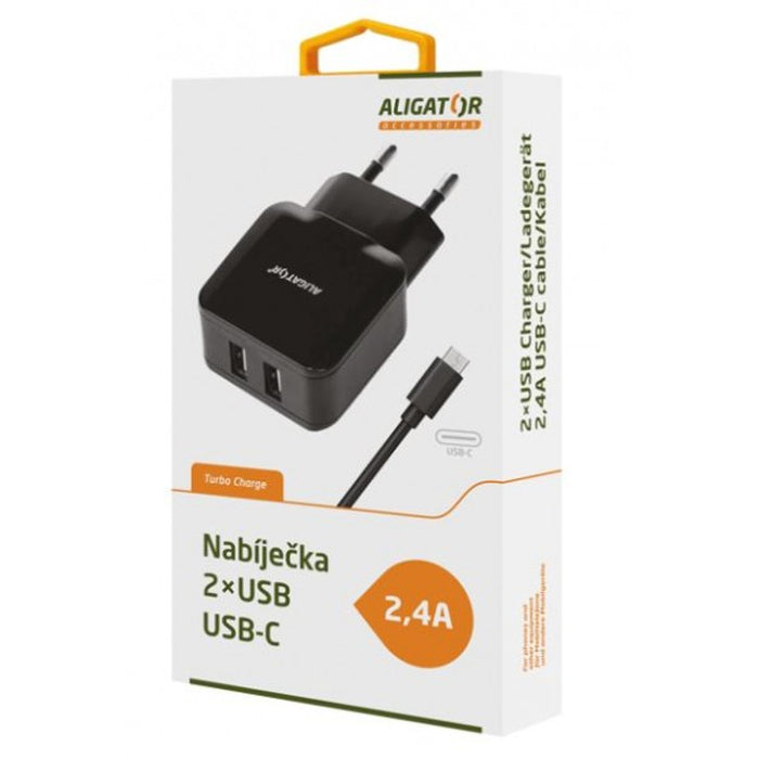 Nabíjačka Aligator 2xUSB 2,4A + kábel USB Typ C, čierna