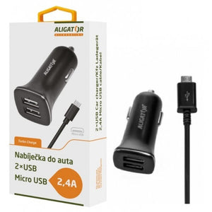 Nabíjačka do auta Aligator 2xUSB 2,4A + kábel Micro USB, čierna