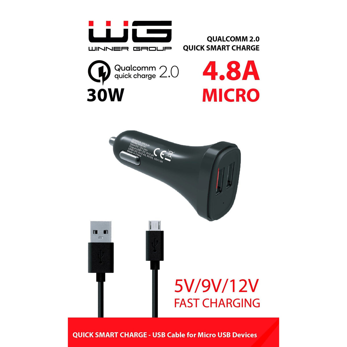 Nabíjačka do auta WG 2xUSB + kábel Micro USB, 4,8A