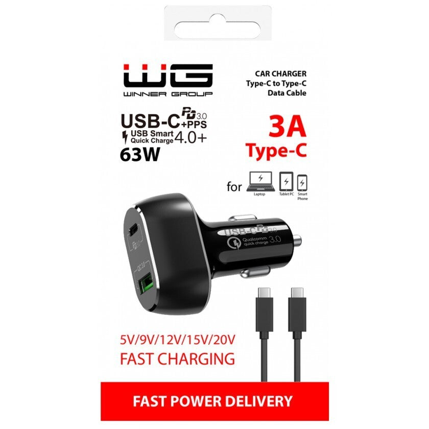 Nabíjačka do auta WG USB-C + USB, 63 W, s káblom, čierna