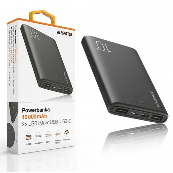 Powerbank Aligator PB10 + 10000mAh, LiPol, s USB Typ C, čierna
