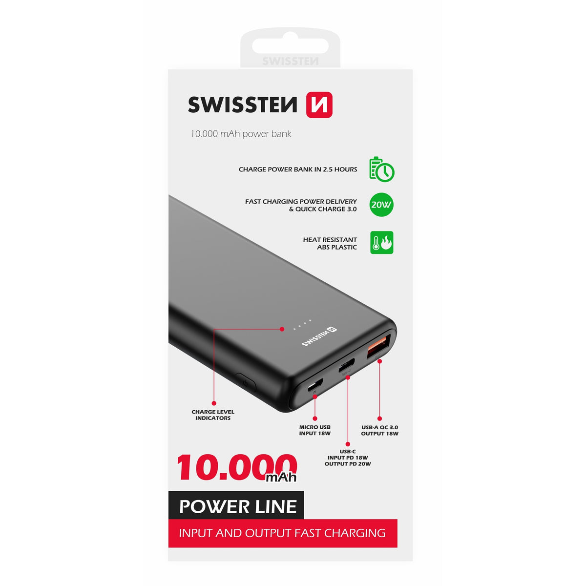 Powerbanka Swissten 10000mAh, PD+QC, 20W +kábel Typ C/C