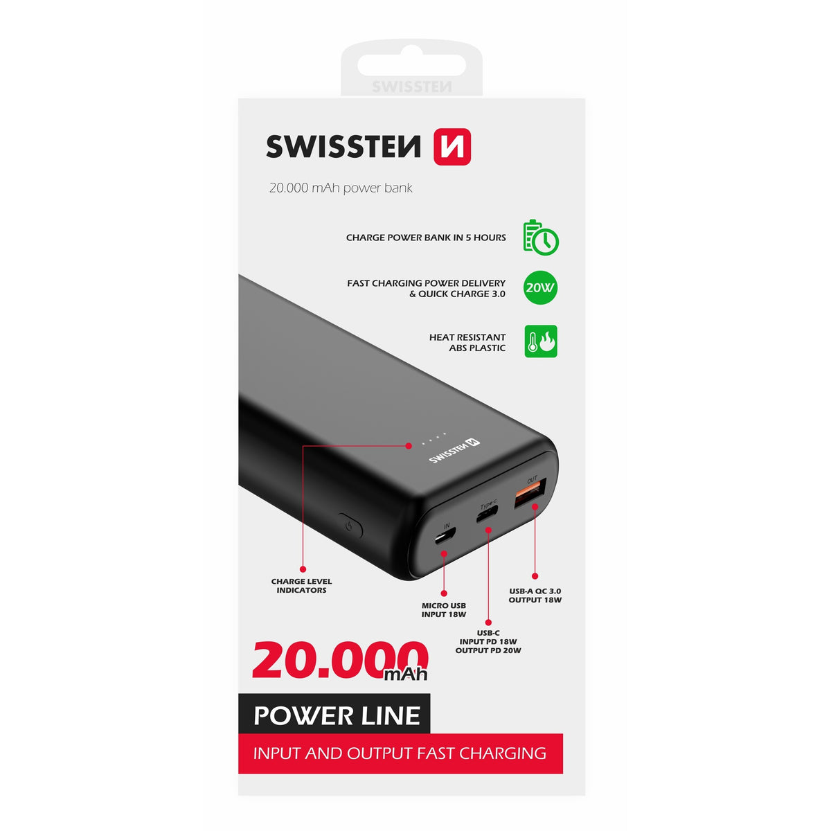 Powerbanka Swissten 20000mAh, PD+QC, 20W +kábel Typ C/C