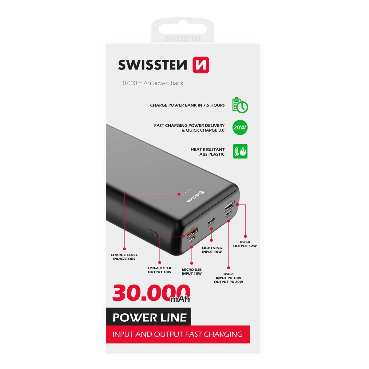 Powerbanka Swissten 30000mAh, PD+QC, 20W +kábel Typ C/C