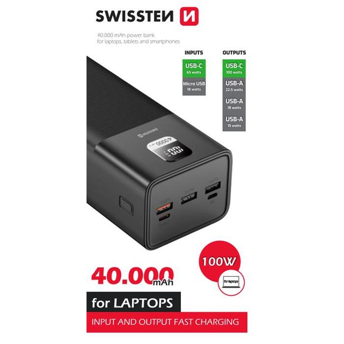 Powerbanka Swissten 40 000 mAh, 65/100W USB-C, čierna 