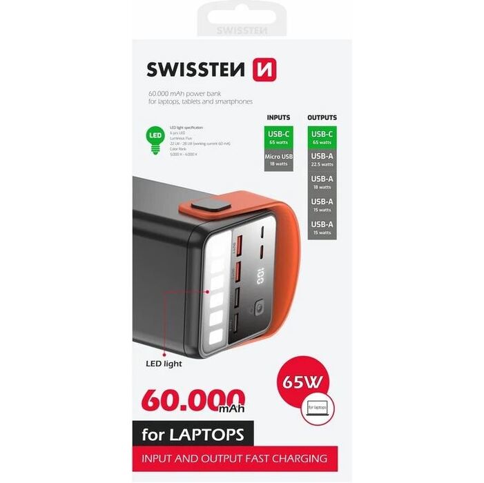 Powerbanka Swissten 60 000 mAh, 65W USB-C, čierna