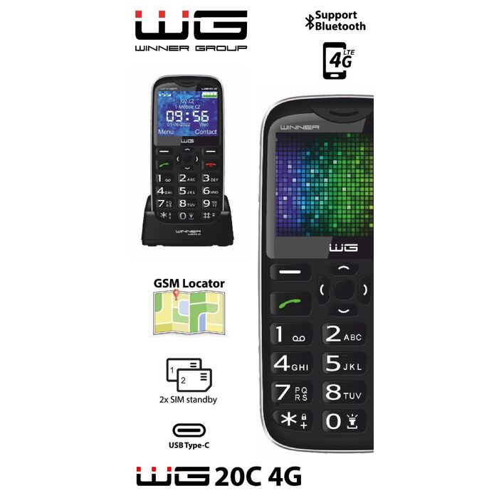 Tlačidlový telefón Winner WG20C, 128 MB, čierny