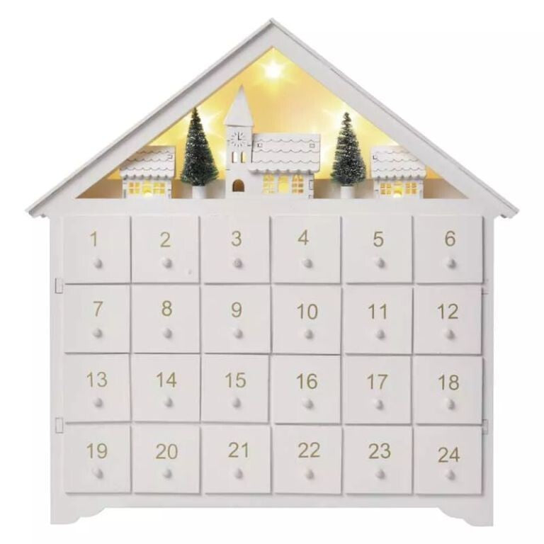 Drevený LED adventný kalendár Emos DCWW02, teplá biela, 35x33 cm